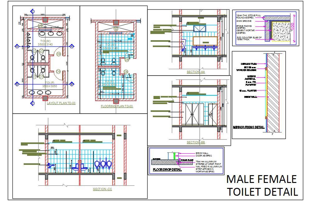 Male & Female Toilets with Full Details- AutoCAD DWG